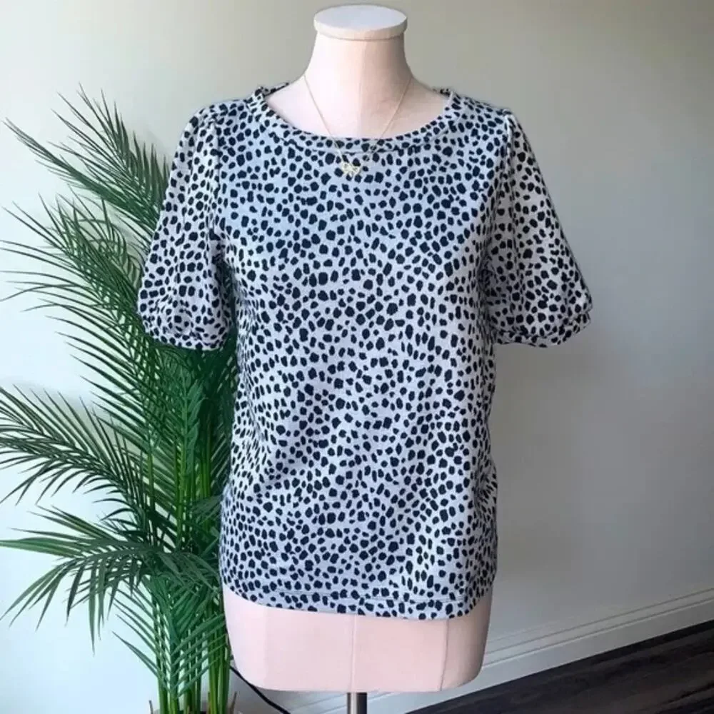 LOFT Dotted Print Knit Blouse Puff Sleeves Top Gray Casual Career Relaxed
